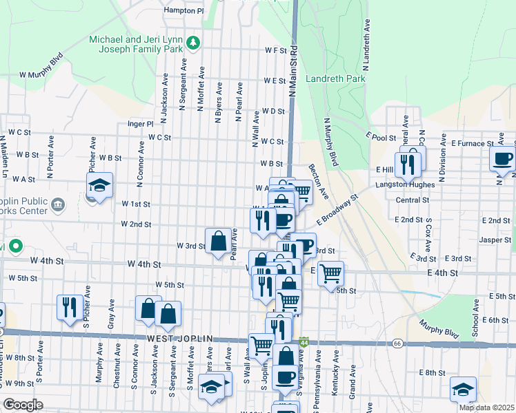 map of restaurants, bars, coffee shops, grocery stores, and more near 200-298 West 1st Street in Joplin
