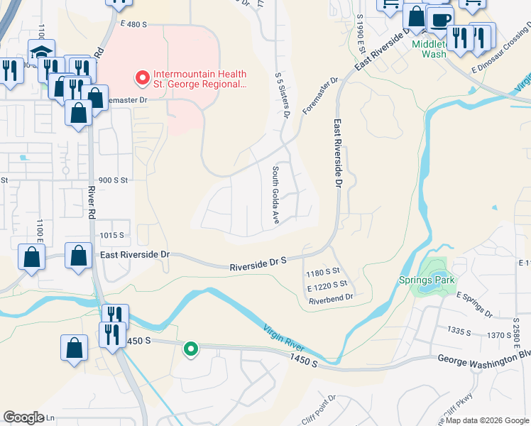 map of restaurants, bars, coffee shops, grocery stores, and more near 1031 South 1740 East in St. George