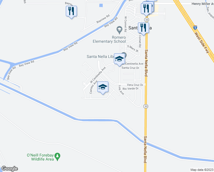 map of restaurants, bars, coffee shops, grocery stores, and more near 13667 Santa Lucia Drive in Santa Nella