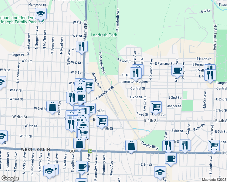 map of restaurants, bars, coffee shops, grocery stores, and more near 2 Southeast Murphy Boulevard in Joplin
