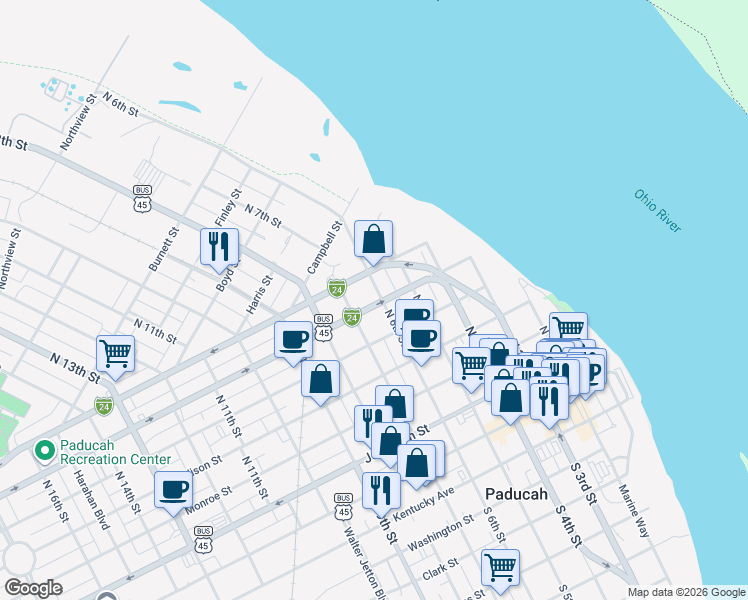 map of restaurants, bars, coffee shops, grocery stores, and more near 603 North 6th Street in Paducah