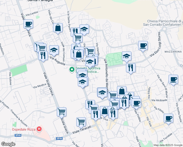 map of restaurants, bars, coffee shops, grocery stores, and more near 4 Via Unione Sovietica in Siracusa