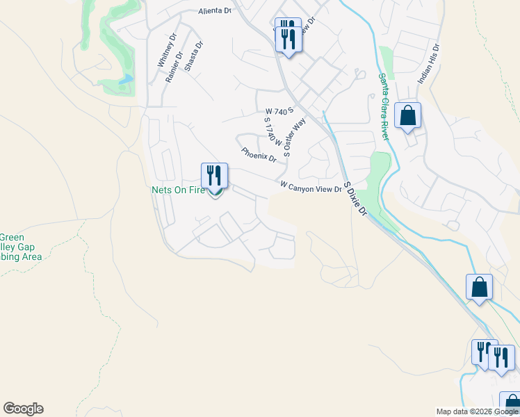 map of restaurants, bars, coffee shops, grocery stores, and more near 1845 West Canyon View Drive in St. George