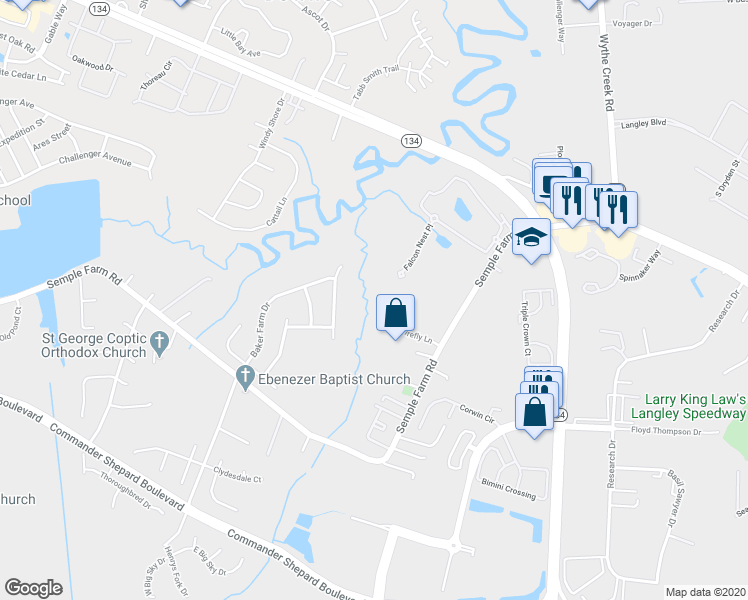 map of restaurants, bars, coffee shops, grocery stores, and more near 18 Firefly Lane in Hampton