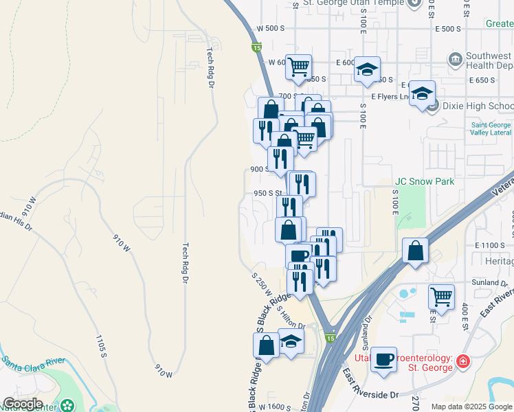 map of restaurants, bars, coffee shops, grocery stores, and more near 161 West 950 South in St. George
