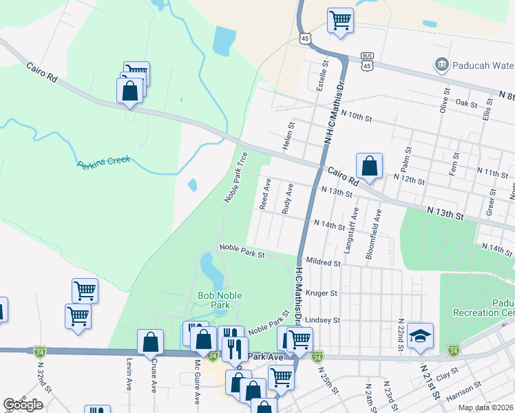 map of restaurants, bars, coffee shops, grocery stores, and more near 1401 North 14th Street in Paducah