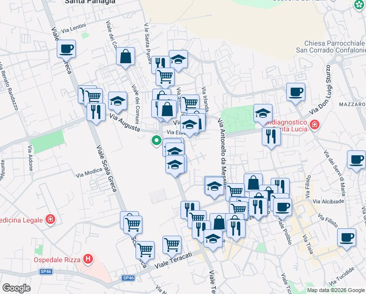map of restaurants, bars, coffee shops, grocery stores, and more near 4 Via Unione Sovietica in Siracusa