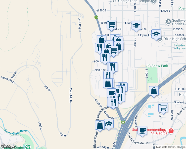 map of restaurants, bars, coffee shops, grocery stores, and more near 13 South 250 West in St. George