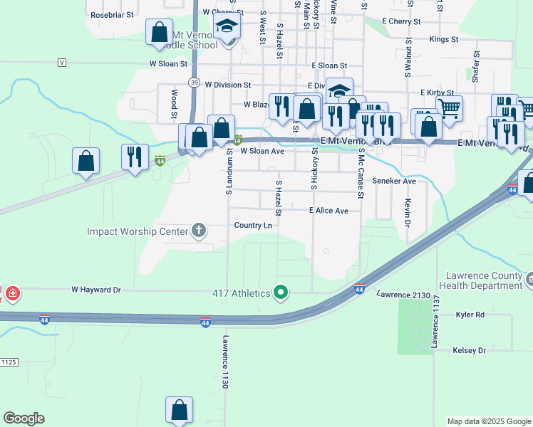 map of restaurants, bars, coffee shops, grocery stores, and more near 203 Country Ln in Mt Vernon