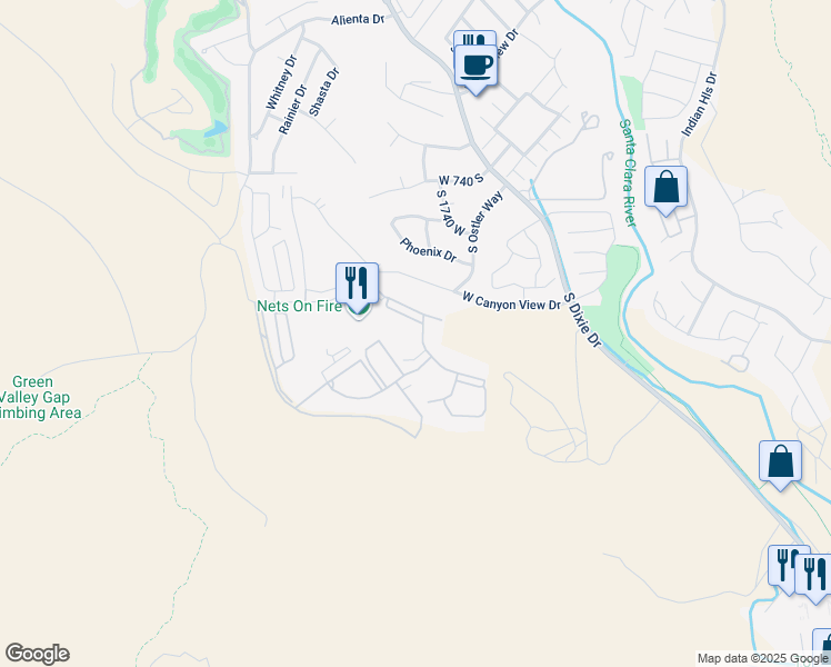 map of restaurants, bars, coffee shops, grocery stores, and more near 1845 West Canyon View Drive in St. George