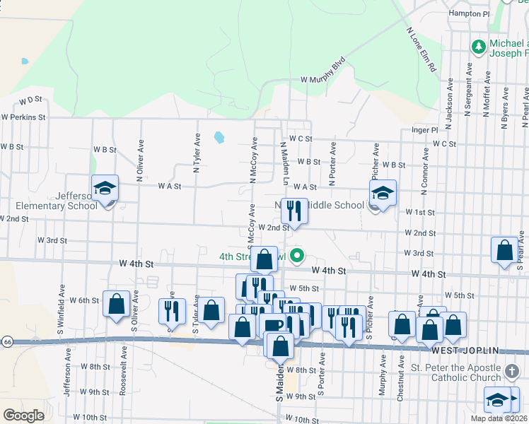 map of restaurants, bars, coffee shops, grocery stores, and more near 1619 West 2nd Street in Joplin