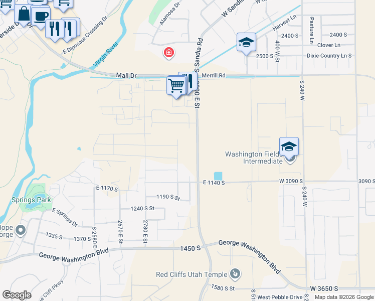 map of restaurants, bars, coffee shops, grocery stores, and more near 2970 East Moorland Drive in St. George