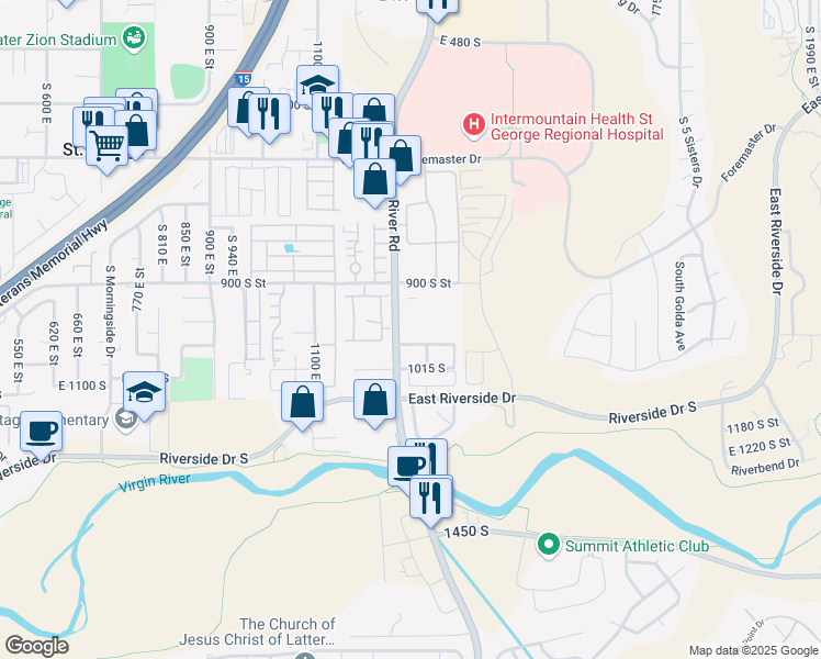 map of restaurants, bars, coffee shops, grocery stores, and more near 987 South River Road in St. George