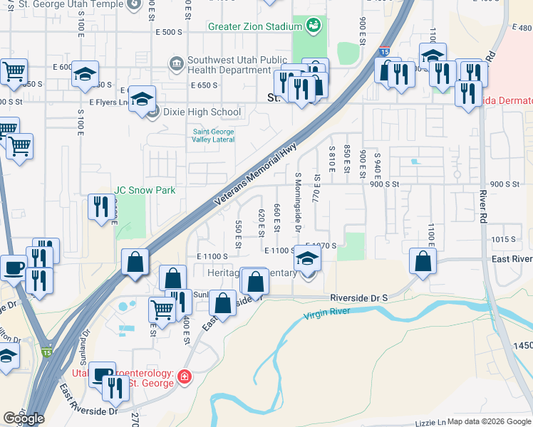 map of restaurants, bars, coffee shops, grocery stores, and more near 987 South 620 East Street in St. George
