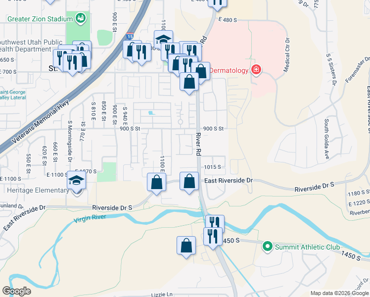 map of restaurants, bars, coffee shops, grocery stores, and more near 1186 East 900 South in St. George