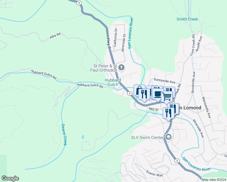map of restaurants, bars, coffee shops, grocery stores, and more near 149 Hubbard Gulch Road in Ben Lomond