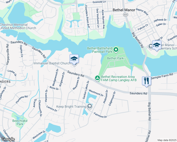 map of restaurants, bars, coffee shops, grocery stores, and more near 5 Betz Lane in Hampton