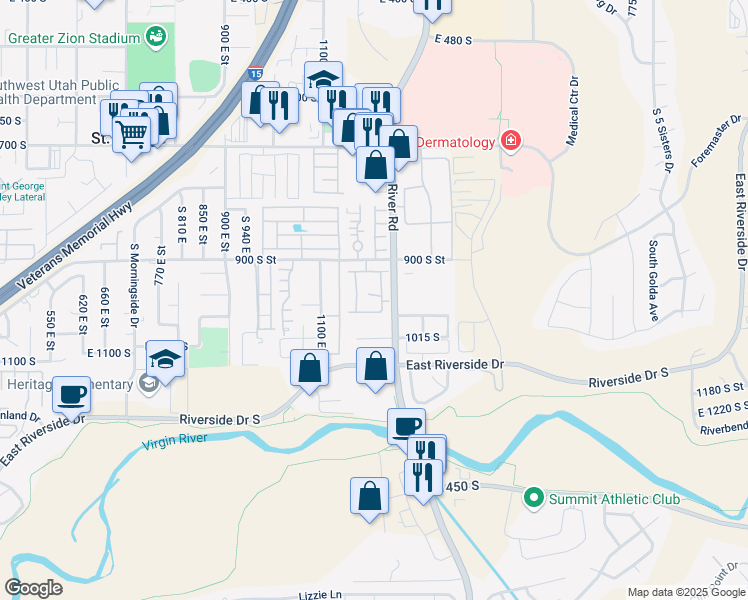 map of restaurants, bars, coffee shops, grocery stores, and more near 1186 East 900 South in St. George