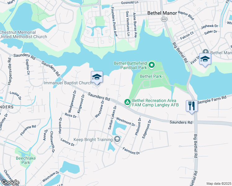 map of restaurants, bars, coffee shops, grocery stores, and more near 5 Betz Lane in Hampton
