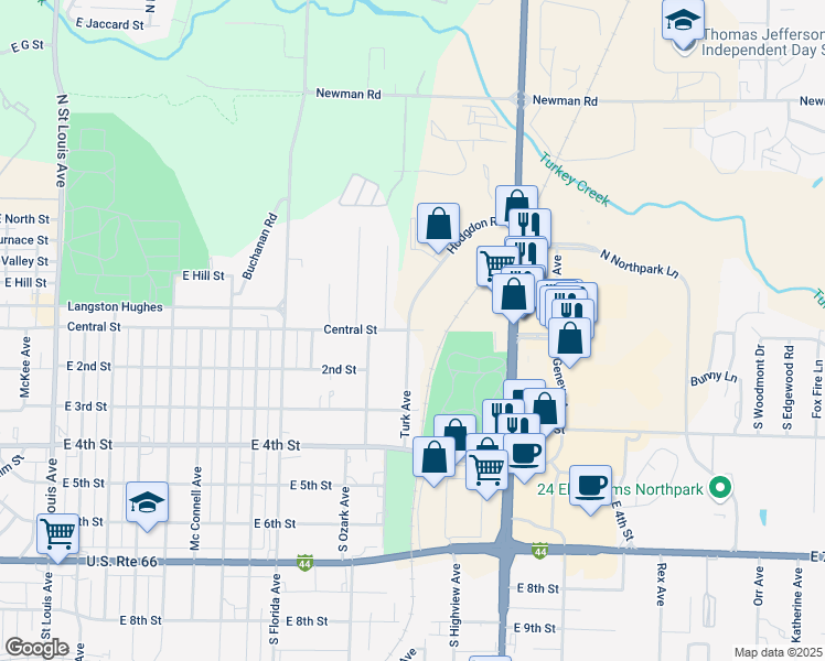 map of restaurants, bars, coffee shops, grocery stores, and more near 129 Turk Avenue in Joplin
