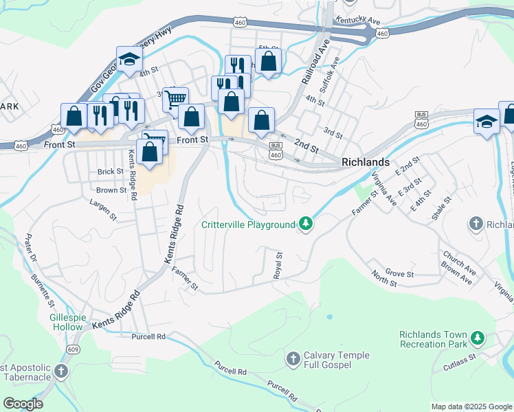 map of restaurants, bars, coffee shops, grocery stores, and more near 201 Riverside Drive in Richlands