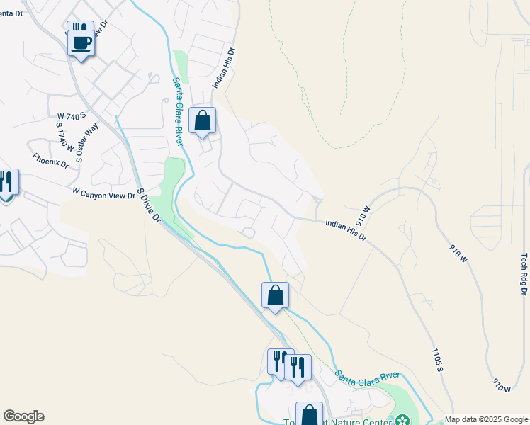 map of restaurants, bars, coffee shops, grocery stores, and more near 1165 West Indian Hills Drive in St. George
