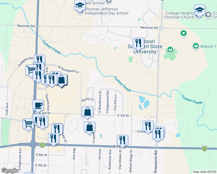 map of restaurants, bars, coffee shops, grocery stores, and more near 104 Fox Fire Ln in Joplin
