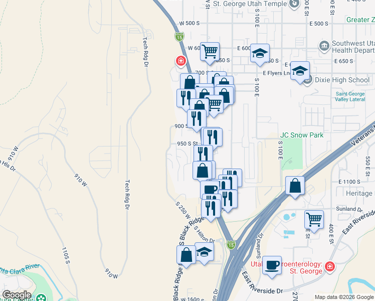 map of restaurants, bars, coffee shops, grocery stores, and more near 161 West 950 South in St. George