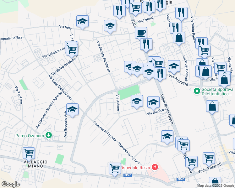 map of restaurants, bars, coffee shops, grocery stores, and more near 29 Via Aidone in Siracusa