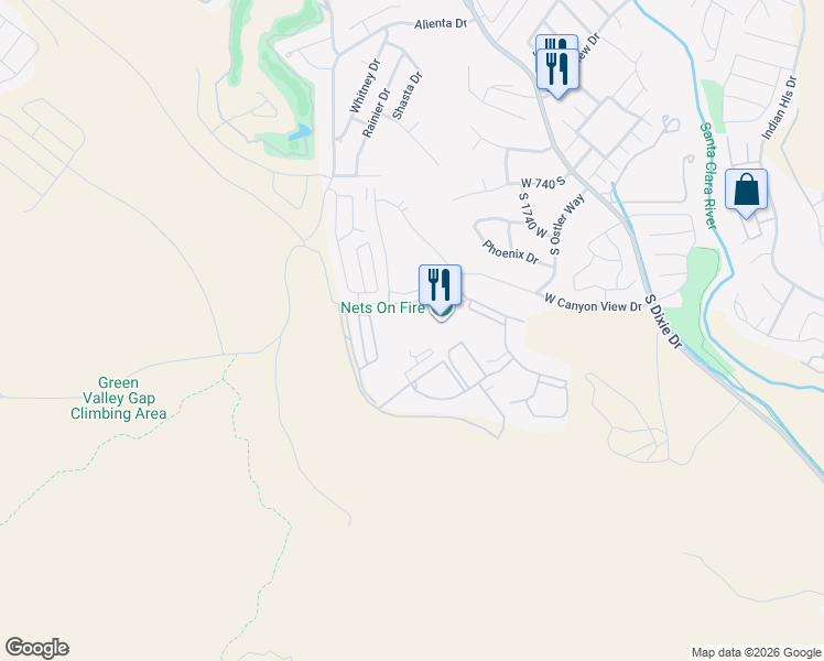map of restaurants, bars, coffee shops, grocery stores, and more near 1999 West Canyon View Drive in St. George