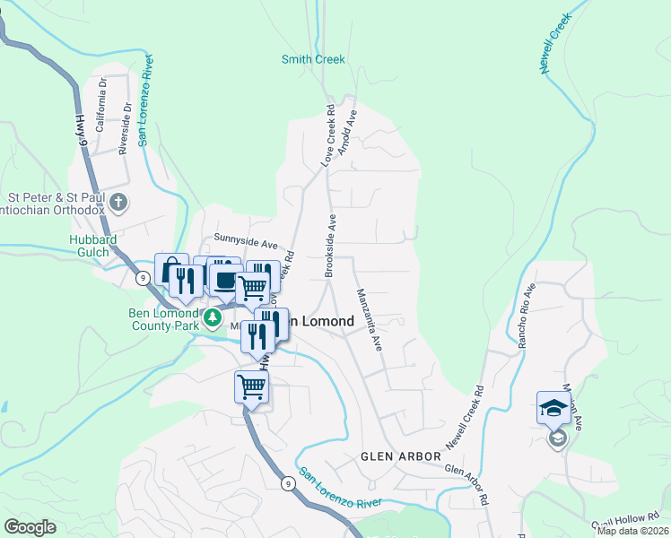 map of restaurants, bars, coffee shops, grocery stores, and more near 9784 Live Oak Avenue in Ben Lomond
