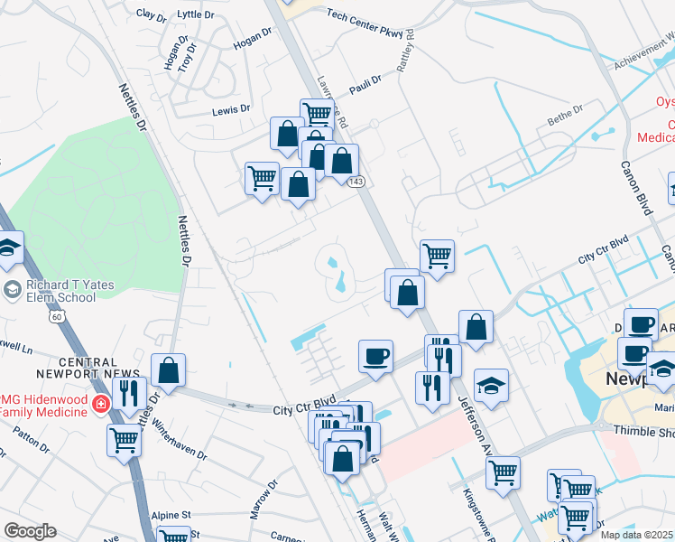 map of restaurants, bars, coffee shops, grocery stores, and more near 311 Saint Thomas Drive in Newport News