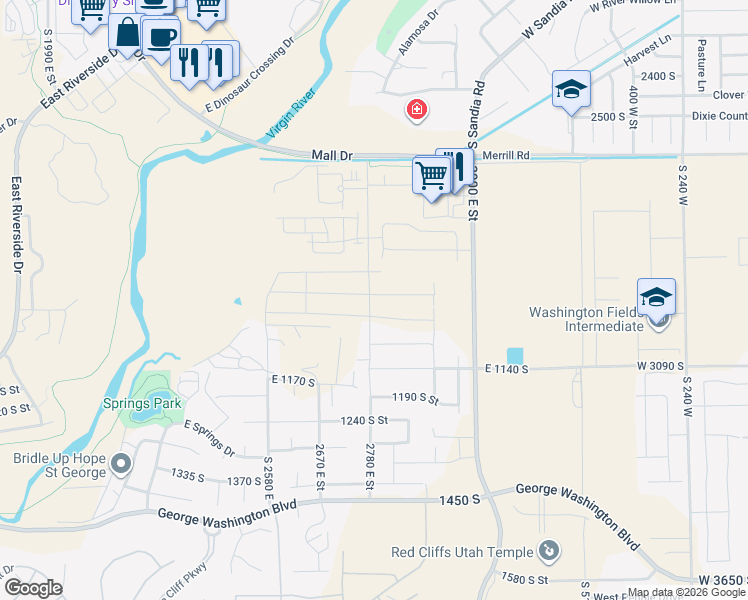 map of restaurants, bars, coffee shops, grocery stores, and more near 2970 East Moorland Drive in St. George