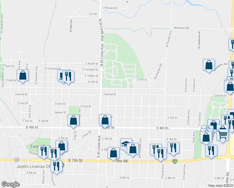 map of restaurants, bars, coffee shops, grocery stores, and more near 99 South Park Avenue in Joplin
