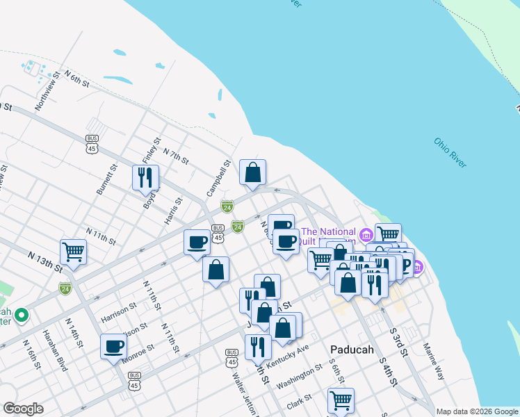 map of restaurants, bars, coffee shops, grocery stores, and more near 610 North 6th Street in Paducah
