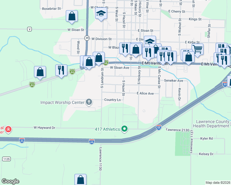 map of restaurants, bars, coffee shops, grocery stores, and more near 307 Country Ln in Mt Vernon