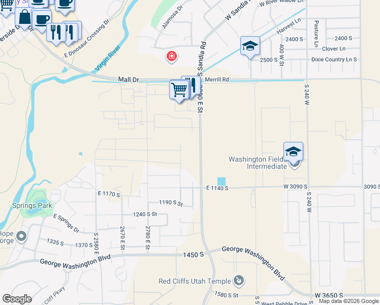 map of restaurants, bars, coffee shops, grocery stores, and more near 2970 East Moorland Drive in St. George
