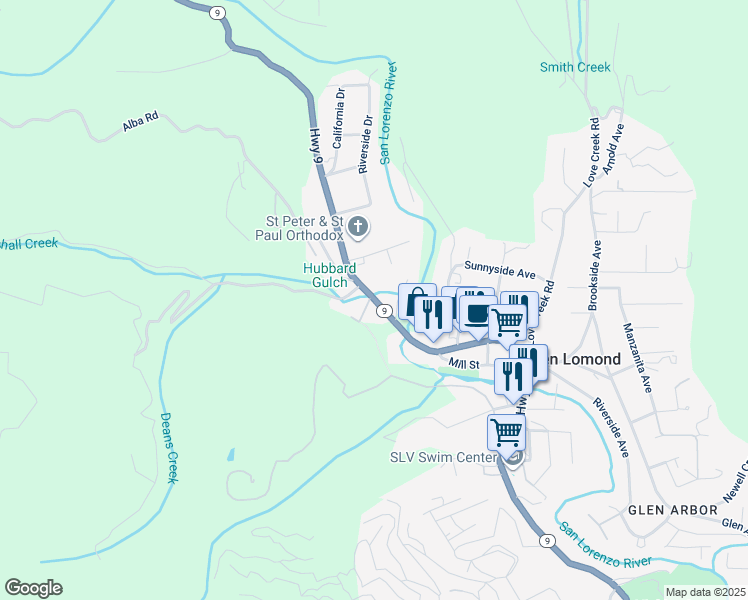 map of restaurants, bars, coffee shops, grocery stores, and more near 9801 Highway 9 in Ben Lomond