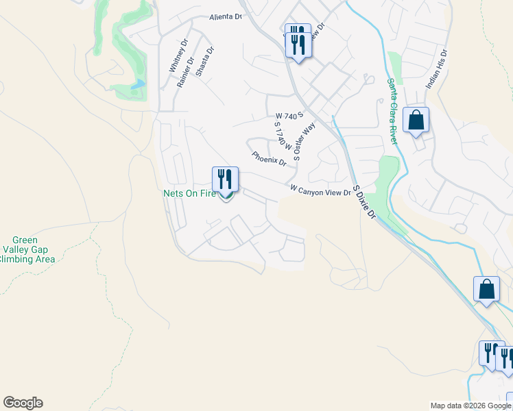map of restaurants, bars, coffee shops, grocery stores, and more near 1845 West Canyon View Drive in St. George