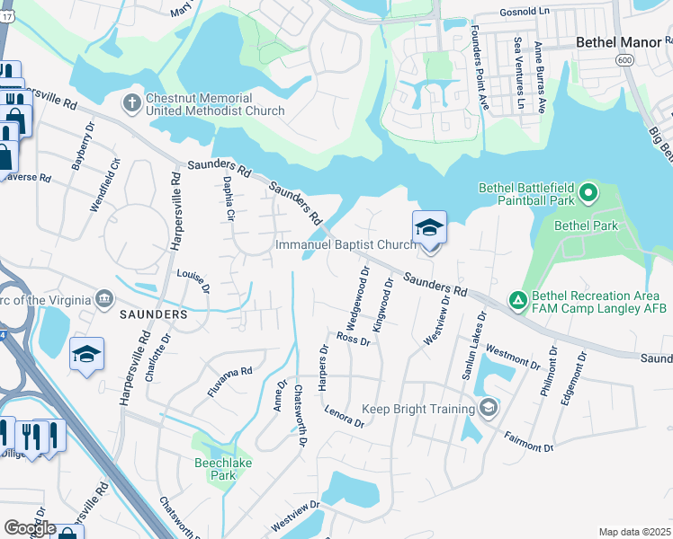 map of restaurants, bars, coffee shops, grocery stores, and more near 104 Spring Trace Lane in Newport News