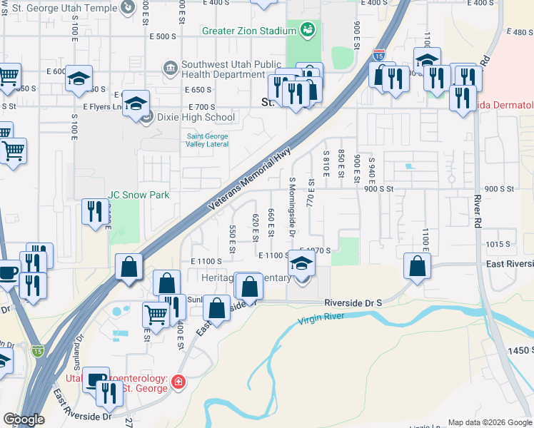 map of restaurants, bars, coffee shops, grocery stores, and more near 970 South 660 East in St. George
