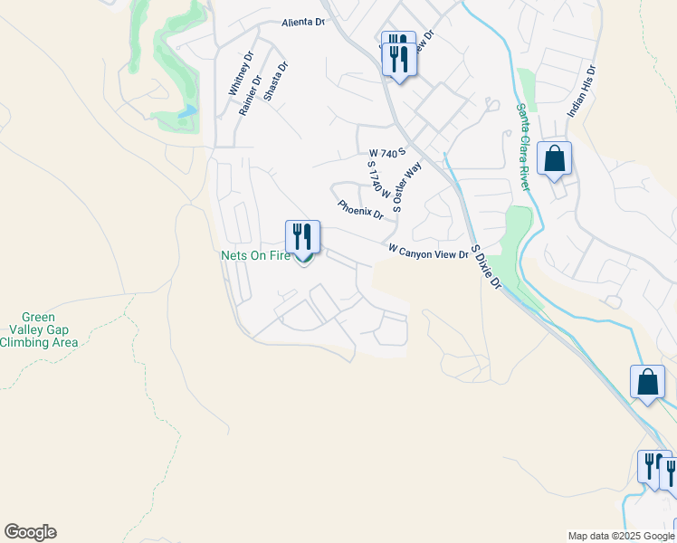map of restaurants, bars, coffee shops, grocery stores, and more near 1845 West Canyon View Drive in St. George