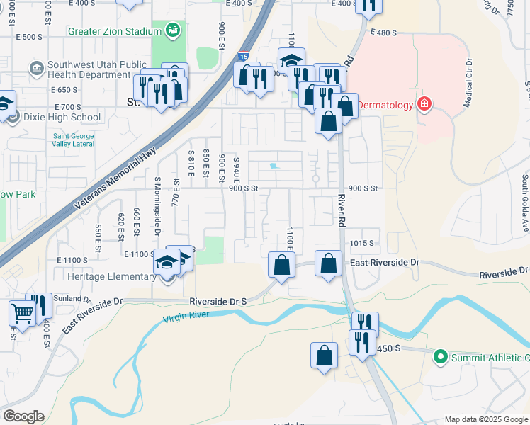 map of restaurants, bars, coffee shops, grocery stores, and more near 1040 East 900 South in Saint George