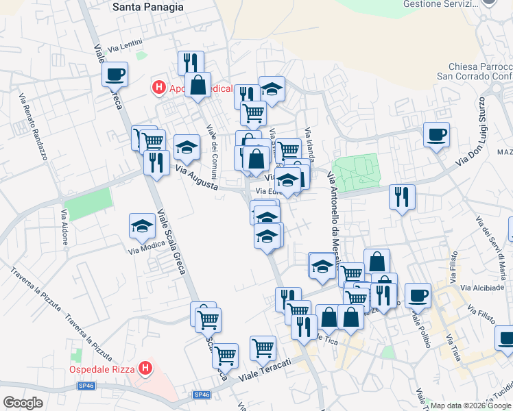 map of restaurants, bars, coffee shops, grocery stores, and more near 162 Viale Santa Panagia in Syracuse