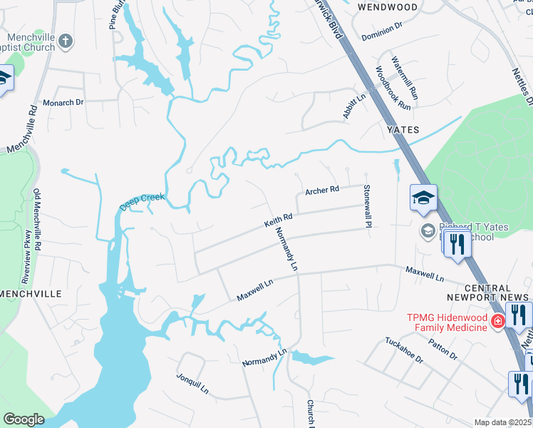 map of restaurants, bars, coffee shops, grocery stores, and more near 403 Normandy Lane in Newport News