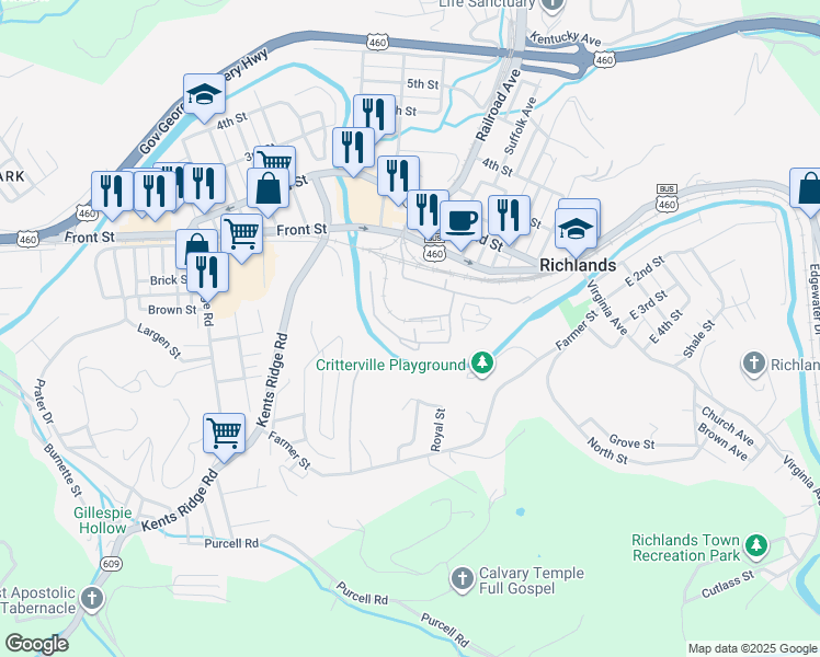 map of restaurants, bars, coffee shops, grocery stores, and more near 201-299 Riverside Drive in Richlands