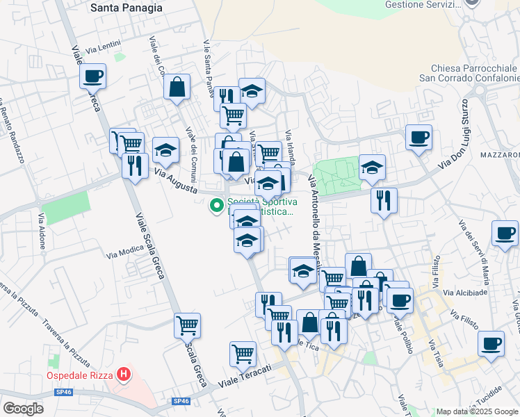 map of restaurants, bars, coffee shops, grocery stores, and more near 4 Via Unione Sovietica in Siracusa