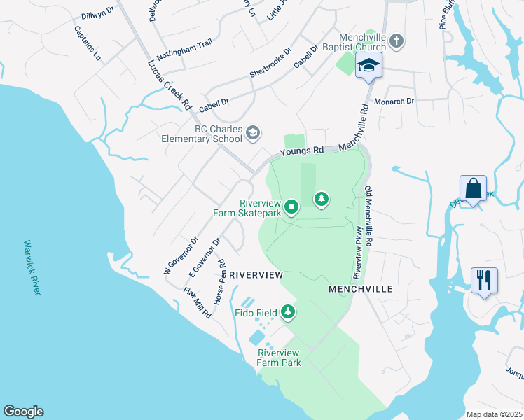 map of restaurants, bars, coffee shops, grocery stores, and more near 94 Shoemaker Circle in Newport News