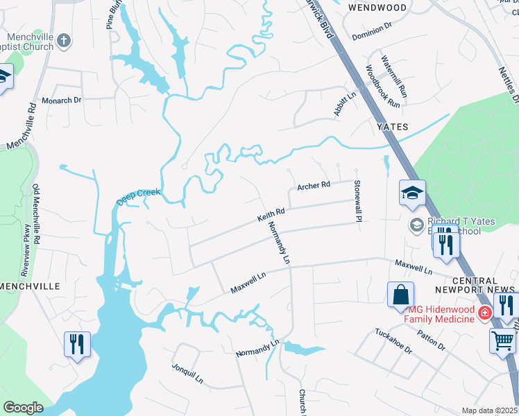 map of restaurants, bars, coffee shops, grocery stores, and more near 403 Normandy Lane in Newport News