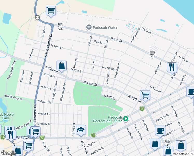 map of restaurants, bars, coffee shops, grocery stores, and more near 1200-1224 Salem Street in Paducah